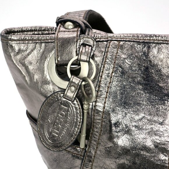FOSSIL Long Live Vintage Silver Metallic Distressed Leather Hathaway Tote Bag - Picture 4 of 8